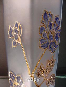 Scarce Pair Mont Joye Glass Gilded Vases Light Blue Satin Acid Wash Finish C1900