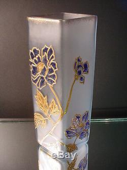 Scarce Pair Mont Joye Glass Gilded Vases Light Blue Satin Acid Wash Finish C1900