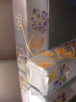 Scarce Pair Mont Joye Glass Gilded Vases Light Blue Satin Acid Wash Finish C1900