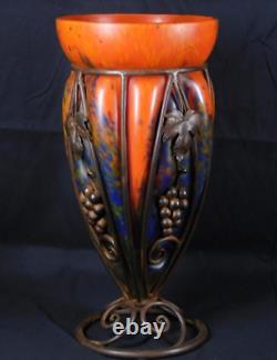 Schneider Orange French Art Glass Vase in Wrought Iron Grapes Mounting 14.5 H