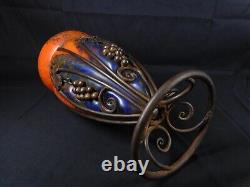 Schneider Orange French Art Glass Vase in Wrought Iron Grapes Mounting 14.5 H