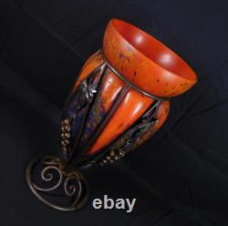Schneider Orange French Art Glass Vase in Wrought Iron Grapes Mounting 14.5 H