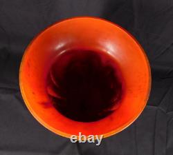 Schneider Orange French Art Glass Vase in Wrought Iron Grapes Mounting 14.5 H