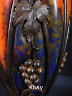 Schneider Orange French Art Glass Vase in Wrought Iron Grapes Mounting 14.5 H