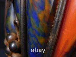 Schneider Orange French Art Glass Vase in Wrought Iron Grapes Mounting 14.5 H
