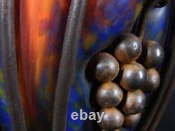Schneider Orange French Art Glass Vase in Wrought Iron Grapes Mounting 14.5 H