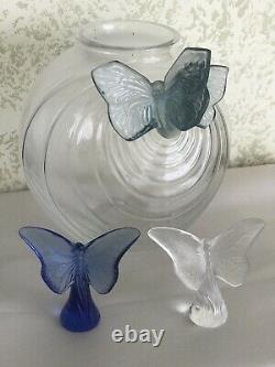 Set Of Lalique Clear & Frosted Glass Butterflies Vase 8 And Figures But