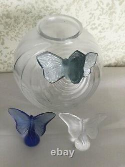 Set Of Lalique Clear & Frosted Glass Butterflies Vase 8 And Figures But