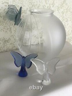 Set Of Lalique Clear & Frosted Glass Butterflies Vase 8 And Figures But