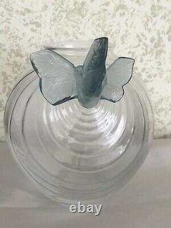 Set Of Lalique Clear & Frosted Glass Butterflies Vase 8 And Figures But