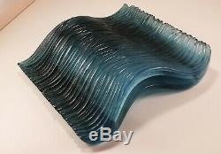 Signed Daum Blue Pate de Verre Glass Lean Narrow Wave Vase, beautiful design