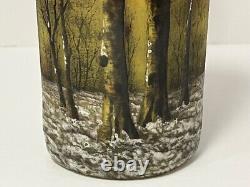 Signed Daum Nancy cameo glass vase. Enamel winter scene. Original