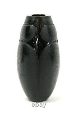 Signed Lalique France Black Glass Stylized Scarab Vase