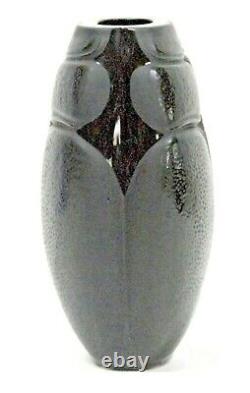 Signed Lalique France Black Glass Stylized Scarab Vase