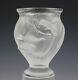 Signed Lalique France Crystal Rosine Frosted Birds Slanted Rib Art Glass Vase