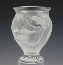 Signed Lalique France Crystal Rosine Frosted Birds Slanted Rib Art Glass Vase