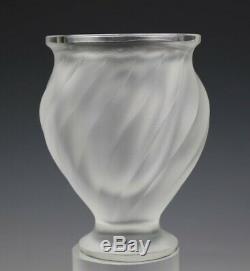 Signed Lalique France Crystal Rosine Frosted Birds Slanted Rib Art Glass Vase