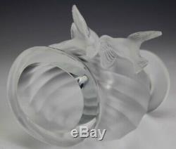 Signed Lalique France Crystal Rosine Frosted Birds Slanted Rib Art Glass Vase