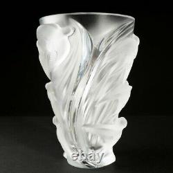 Signed Lalique Martinets Art Glass Clear Frosted Crystal Vase Raised Birds 9.5