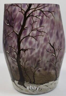 Signed Legras Mottled Iced Enameled French Glass Vase Hand Painted Trees In Snow