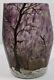 Signed Legras Mottled Iced Enameled French Glass Vase Hand Painted Trees In Snow