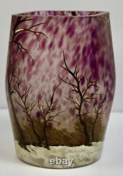 Signed Legras Mottled Iced Enameled French Glass Vase Hand Painted Trees In Snow