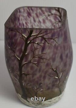 Signed Legras Mottled Iced Enameled French Glass Vase Hand Painted Trees In Snow