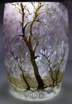Signed Legras Mottled Iced Enameled French Glass Vase Hand Painted Trees In Snow