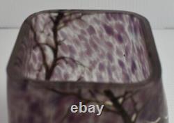 Signed Legras Mottled Iced Enameled French Glass Vase Hand Painted Trees In Snow