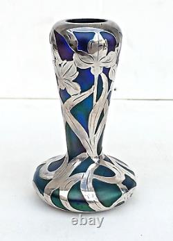 Signed Loetz Art Nouveau multi color Glass Vase & ALVIN Sterling Silver Overlay