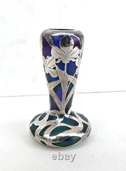 Signed Loetz Art Nouveau multi color Glass Vase & ALVIN Sterling Silver Overlay