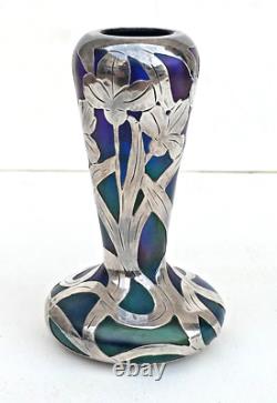 Signed Loetz Art Nouveau multi color Glass Vase & ALVIN Sterling Silver Overlay