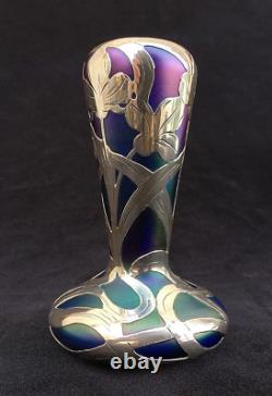 Signed Loetz Art Nouveau multi color Glass Vase & ALVIN Sterling Silver Overlay