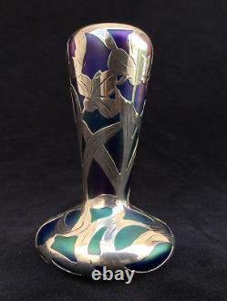 Signed Loetz Art Nouveau multi color Glass Vase & ALVIN Sterling Silver Overlay