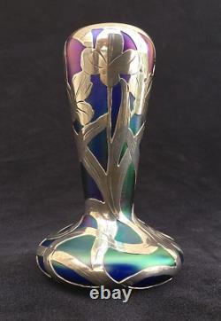 Signed Loetz Art Nouveau multi color Glass Vase & ALVIN Sterling Silver Overlay