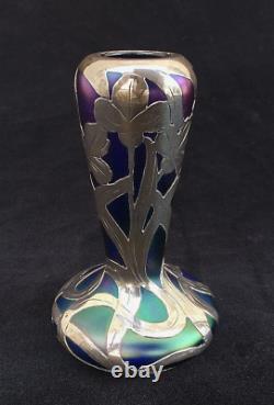 Signed Loetz Art Nouveau multi color Glass Vase & ALVIN Sterling Silver Overlay