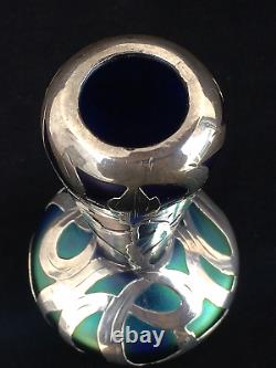 Signed Loetz Art Nouveau multi color Glass Vase & ALVIN Sterling Silver Overlay