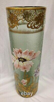 Signed Mont Joye French Cameo Art Glass Cylinder Vase. Floral and Gold Decor