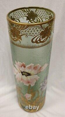 Signed Mont Joye French Cameo Art Glass Cylinder Vase. Floral and Gold Decor