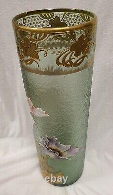 Signed Mont Joye French Cameo Art Glass Cylinder Vase. Floral and Gold Decor