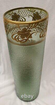 Signed Mont Joye French Cameo Art Glass Cylinder Vase. Floral and Gold Decor