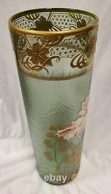 Signed Mont Joye French Cameo Art Glass Cylinder Vase. Floral and Gold Decor