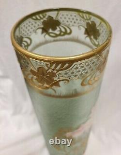 Signed Mont Joye French Cameo Art Glass Cylinder Vase. Floral and Gold Decor