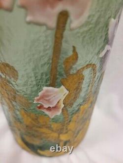 Signed Mont Joye French Cameo Art Glass Cylinder Vase. Floral and Gold Decor