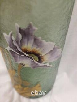 Signed Mont Joye French Cameo Art Glass Cylinder Vase. Floral and Gold Decor