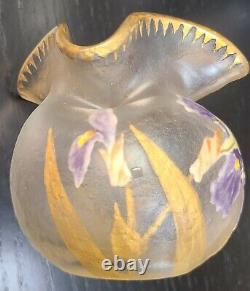 Signed Mont Joye French Cameo Art Glass Rose Bowl Vase Enamel Floral Decor