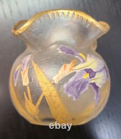 Signed Mont Joye French Cameo Art Glass Rose Bowl Vase Enamel Floral Decor