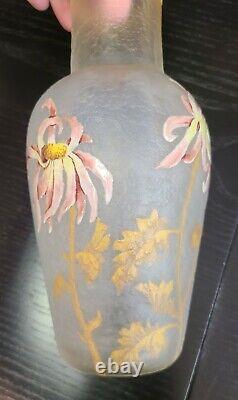 Signed Mont Joye French Cameo Art Glass Vase. Frosted With Enamel Floral Decor
