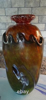 Signed Patrick LePage French Studio Art Glass Layered Relief Overlay Vase 10.25