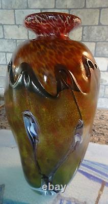 Signed Patrick LePage French Studio Art Glass Layered Relief Overlay Vase 10.25